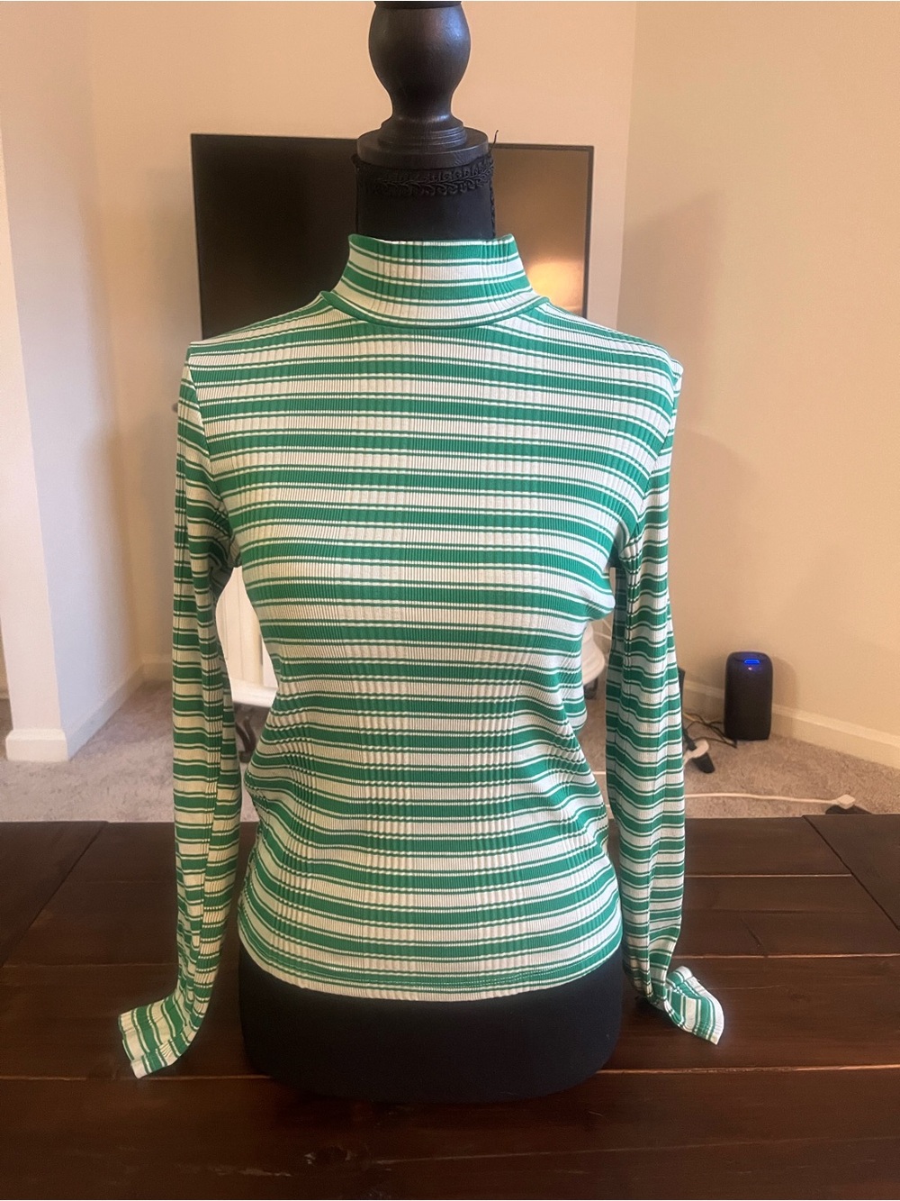 PINK Victoria's Secret Green & White Striped Mock Neck Long Sleeve